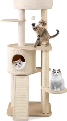 A multi-level cat tree with scratching posts, platforms, and a hideaway, featuring three cats interacting with it.