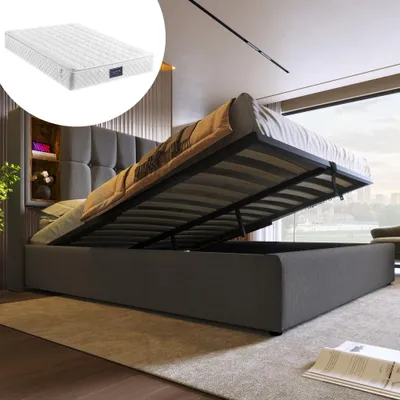 Produktbild von Doppelbett mit kabelloser Ladefunktion und USB-C, Polsterbett mit Stauraum aus Holz-Grau Baumwolle – Bettgestell 160x200 cm (Mit Matratze)