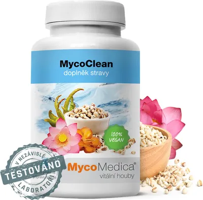 A white bottle of MycoClean supplement with floral and grain imagery, and a "100% VEGAN" badge.