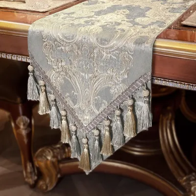 Immagine prodotto di Runner da tavolo con frange, tessuto jacquard, grigio chiaro, 33x228 cm