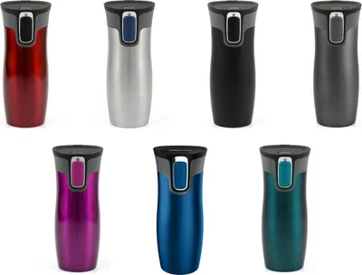 A collection of eight insulated travel mugs in various colors, arranged in two rows.