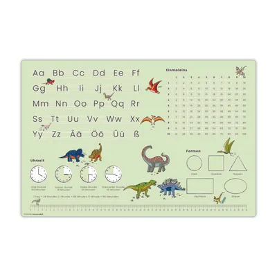 Produktbild von Schreibtischunterlage für Kinder – Lernunterlage in Dinosaurier Optik ABC, 1x1, Uhr – 60 x 40 cm – aus Vinyl - Mädchen - Hergestellt in Deutschland