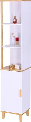 Produktbild von Relaxdays Badezimmerschrank mit Tür, HBT: 169x33x31 cm, 5 Fächer, Bambus, MDF, hoch, schmal, Bad Hochschrank, weiß/natur