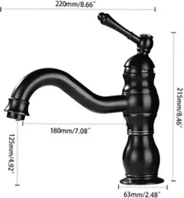 A black faucet with dimensions indicated by measurement lines and text.