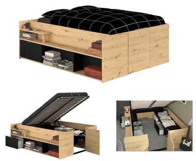 Image de Lit adulte avec caisson de levage - Chêne et noir 166 x 67 x 206 cm