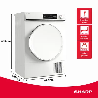 Produktbild von SHARP KD-NHA7S6PWE-DE Wärmepumpentrockner 7 kg, Energieeffizienzklasse E, BubbleDrum, LED-Trommelbeleuchtung, 15 Trockenprogramme, Frontlader, Weiß