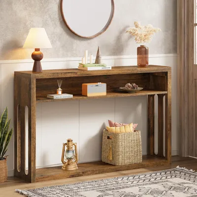 Immagine prodotto di Tavolino consolle da 119 cm, tavolino laterale a 3 ripiani con spazio contenitivo, in legno, stile rustico, colore nero