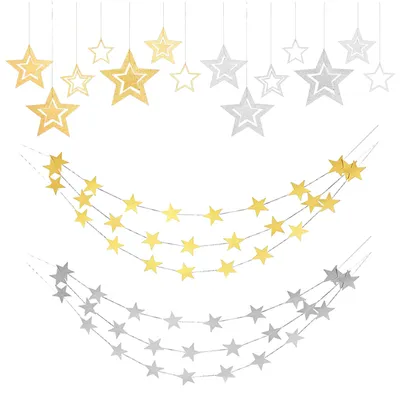 Sternengirlande mit Glitzer, 16 Papiersterne, Gold & Silber, 4 m