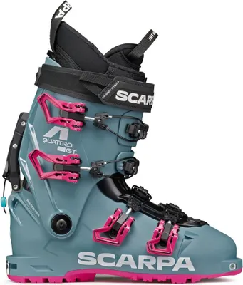 Blauer Scarpa 4-Quattro GT Wmn Skitourenschuh mit pinken Schnallen und schwarzem Klettverschluss