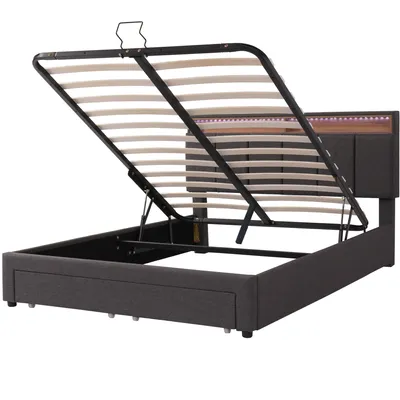 Produktbild von Flieks Polsterbett 140x200cm mit Schublade, Boxspringbett mit Stauraum und Lattenrost, Doppelbett mit Led und Stauraumkopfteil, Stauraumbett Jugendbett, Leinen, Grau