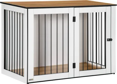 Produktbild von PawHut Hundekäfig Möbel, Hundebox mit Tür und Fenster, Beistelltisch für Zuhause, Hundehaus für große Hunde unter 30 kg, Stahl, 106 x 60 x 76 cm, Eiche+Weiß