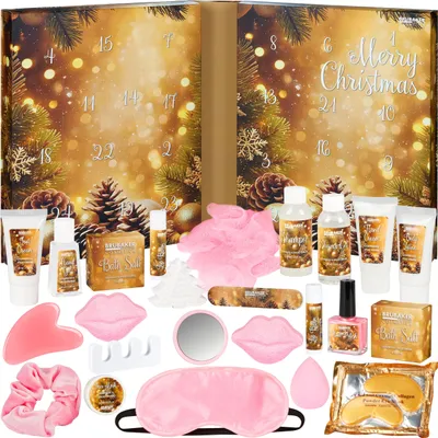 A collection of cosmetic and wellness products arranged in front of an open advent calendar.