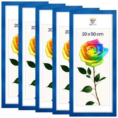 Produktbild von MG Design 5er Set Bilderrahmen 20 x 50 cm - Posterrahmen mit Blau Echtholzrahmen und bruchsicherem Acrylglas, Hoch & Quer mit stabiler Wandaufhängung