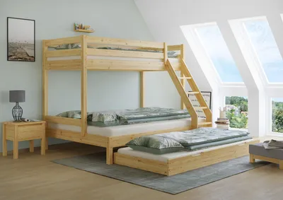 Produktbild von Doppel-Etagenbett 140x200 und 90x200 Erwachsenen-Stockbett Kiefer Massivholz natur V-60.18-09-14Rollrost. Matratze und Gästebettkasten inkl.