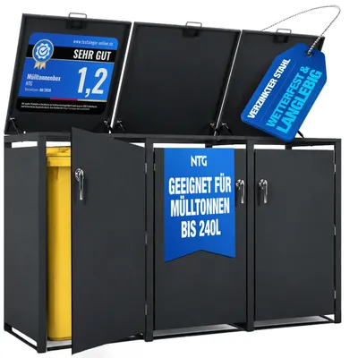 Produktbild von 3x Mülltonnenbox 240L Anthrazit – Mülltonnenverkleidung / Mülltonnenhaus aus verzinktem Stahl mit Soft-Close Deckel, Schloss & Belüftung