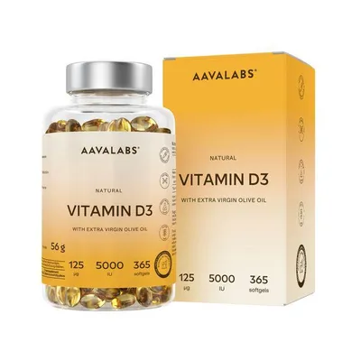 A bottle of vitamin D3 softgels next to its packaging.