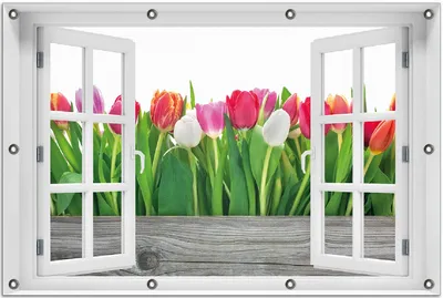 Produktbild von Wallario Outdoor-Poster für Garten oder Balkon 80 x 120 cm: Rote  weiße und pinke Tulpen im Frühling