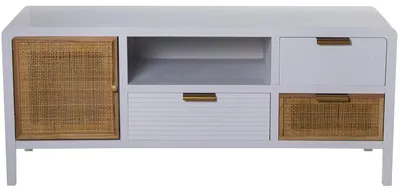 TV-Kasten 120x40x50 cm, MDF/Rattan, weiß/natur, 1 Tür, 3 Schubladen