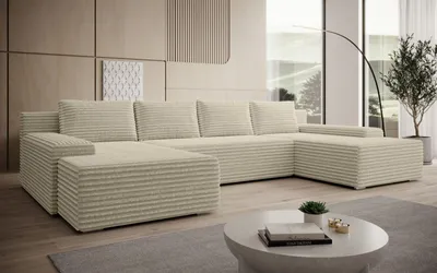 Produktbild von Wohnlandschaft Luca mit Schlaffunktion und Bettkasten in Cord Stoff beige