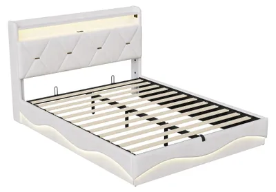 Immagine prodotto di Letto imbottito - Letto matrimoniale - 140 x 200 cm - Illuminazione a LED - Contenitore a sollevamento idraulico - Testiera con spazio contenitore - Beige
