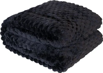 A folded black blanket with a textured surface.