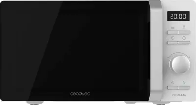 A white and silver microwave oven with a black glass door is shown from the front.