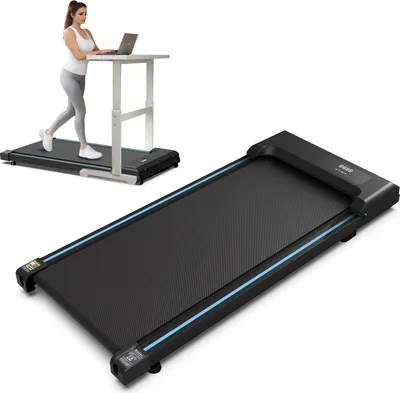 A woman is using a treadmill with a standing desk, and a separate image of the treadmill is shown.