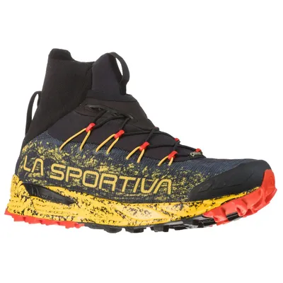 Trailrunning-Schuh "Uragano Gtx" von La Sportiva in Schwarz; Gelb und Rot mit hohem Schaft und Schnürung.