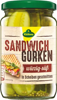 A jar of Kühne Sandwichgurken (sandwich pickles) with a label showing a sandwich.