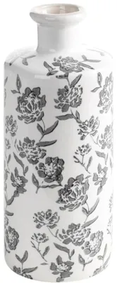 Image de EUROFIRANY | Vase - Vase à fleurs - blanc et gris - Vase de table - 12 x 30 cm - Vase en céramique - Vase décoratif - Motifs floraux - En céramique
