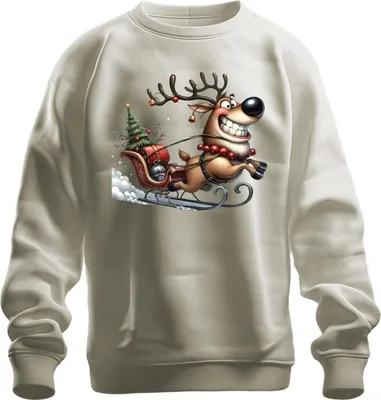 Produktbild von Lustiges Rentier Schlitten Weihnachten Geschenk Retro Uni Sweatshirt Pullover, Natur, 3XL