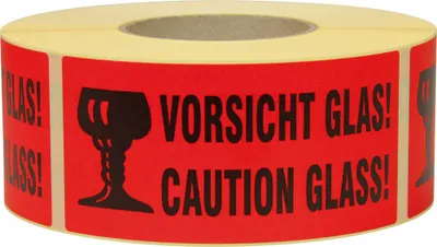Produktbild von Hinweisetikett Vorsicht Glas L.145 mm,B.70mm rot 1000 St./Rolle TRANSPAK