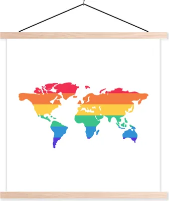 Produktbild von MuchoWow® Textilposter Karte - Welt - Regenbogen 60x60 cm mit holzfarbenen Rahmen - Wanddekoration