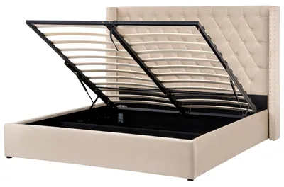 Produktbild von BELIANI Bett mit Bettkasten Beige Gepolstert 180 x 200 cm Lattenrost Hohes Kopfteil Knopfheftung Nieten Retro Klassisch Schlafzimmer