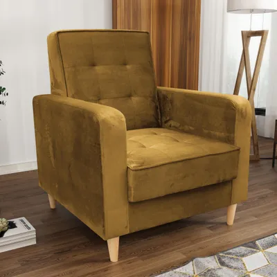 Produktbild von Sessel aus Velourstoff Bamako Loungesessel mit Holzbeine Polstersessel für Wohnzimmer, Stoff: kronos 01 - senfgelb