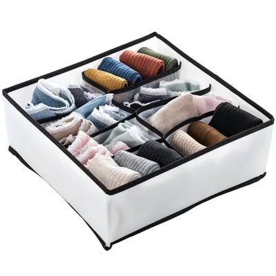 Obrázek produktu pro Textilní Organizér Do Zásuvky Skládací Úložná Do Śuflíků Na Ponožky Kalhotky Oblečení - 8 Přihrádek - 32X32X12 Cm - Bílý/Černý