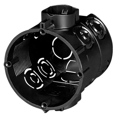 A black electrical junction box with multiple entry points.