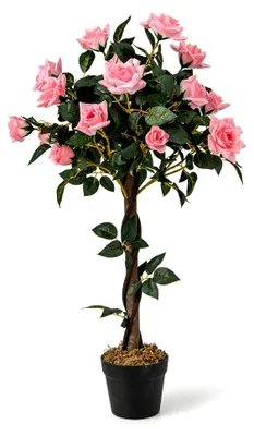 Produktbild von Kunstpflanze mit 21 Rosen und 259 Blättern, künstliche Rosen mit Holzstämmen, Pflanze im Topf, Zimmerpflanze für Zuhause und Büro, 93 cm