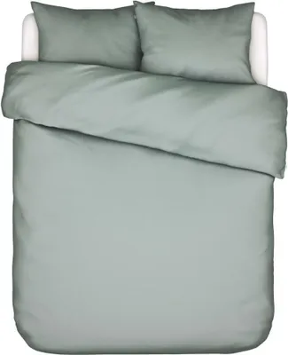 A top-down view of a duvet and pillow set on a bed.