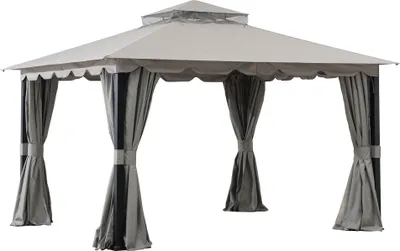 A gray gazebo with curtains is shown against a white background.