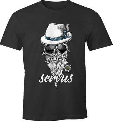 Produktbild von Herren T-Shirt Totenkopf Filzhut Bayern Skull Blume servus Fun-Shirt Moonworks® anthrazit 5XL