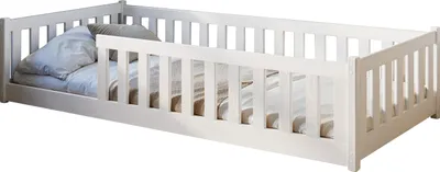 Produktbild von Kinderbett Bodenbett 80x160 cm Bett mit Rausfallschutz & Lattenrost Montessori Bett Bed Gitterbett Kinder Jugendbett Einzelbett | weiß Kiefer Holz massiv Junge Mädchen