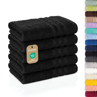 Produktbild von Lavea® 5er Set Gästehandtücher 30x50 cm, Weiche & Saugstarke Gästetücher aus 100% Baumwolle, Frottierserie Elena, Waschbar 60°C - Schwarz