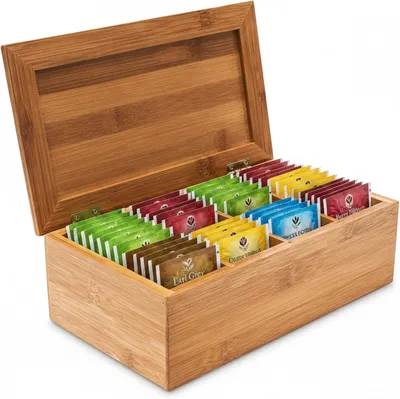 Zdjęcie produktu dla Theedoos – bambus – 4 przegródki – około 80 torebek z herbatą – 9 x 28,5 x 16 cm – naturalny