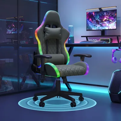 Produktbild von UnboxG Gamingstuhl mit RGB-LED-Beleuchtung, 2D-Armlehnen, verstellbare Rückenlehne 90–135°, Bürostuhl mit Nackenkissen