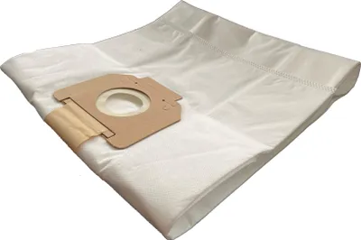 A white vacuum cleaner bag with a brown cardboard attachment for connection to a vacuum cleaner.