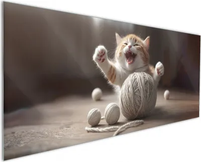 Produktbild von Wallario Küchenrückwand aus Glas, Größe: 125 x 50 cm, Motiv: Katze mit Wollknäuel | Spritzschutz | abwischbar | pflegeleicht | in