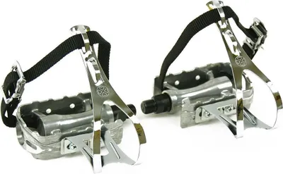 Produktbild von Rennrad Pedale mit Retro-Haken & Nylonriemen – Aluminium, Schwarz/Silber