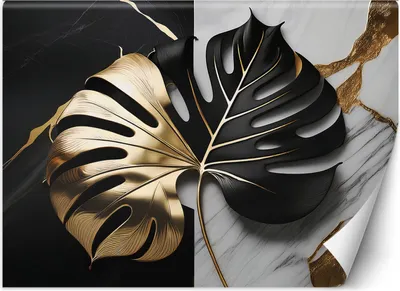 Produktbild von Vlies fototapete Monstera Gold/Schwarz auf Weiß/Schwarzem Hintergrund 200x140 cm Feeby Grau inkl. Kleber einfache Montage