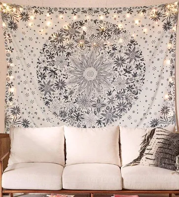 Produktbild von Unyqoos® Boho-Wandteppich mit Blumen- & Medaillon-Print, Beige, 100% Polyester, 130 x 150 cm – Boho-Chic Deko für Schlaf- & Wohnzimmer